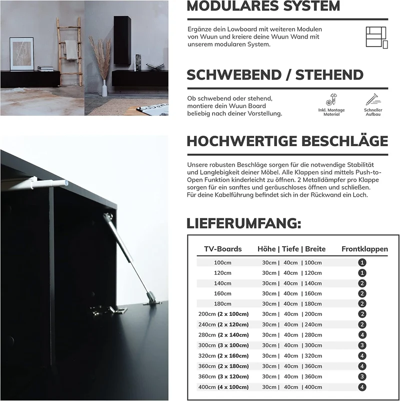 Wuun® TV-Lowboard Somero I 100cm bis 360cm I TV-Schrank & Hängeschrank für Wohnzimmer I Verschiedene