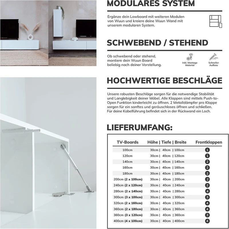 Wuun® TV-Lowboard Somero I 100cm bis 360cm I TV-Schrank & Hängeschrank für Wohnzimmer I Verschiedene