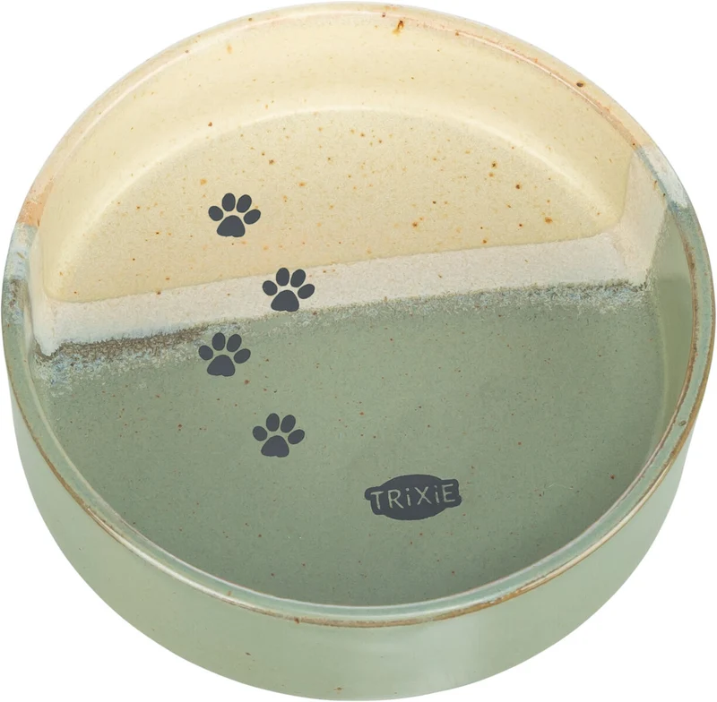 Zweifarbiger Keramiknapf für Katzen und Hunde, beige/grün mit braunen Sprenkeln, tief oder flach