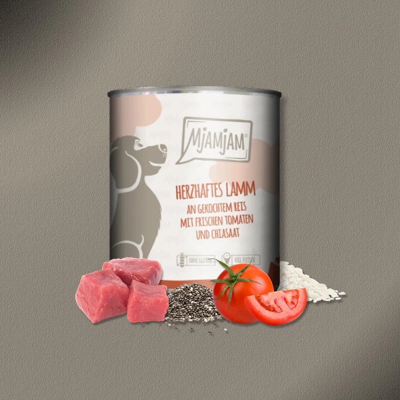 6x800g MjAMjAM Dog - Leckere Mahlzeiten - Herzhaftes Lamm an gekochtem Reis mit frischen Tomaten