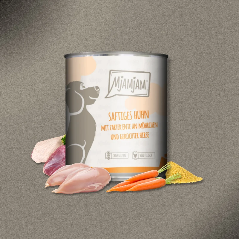 6x800g MjAMjAM Dog - Leckere Mahlzeiten - Saftiges Huhn mit zarter Ente an Möhrchen und gekochter Hirse