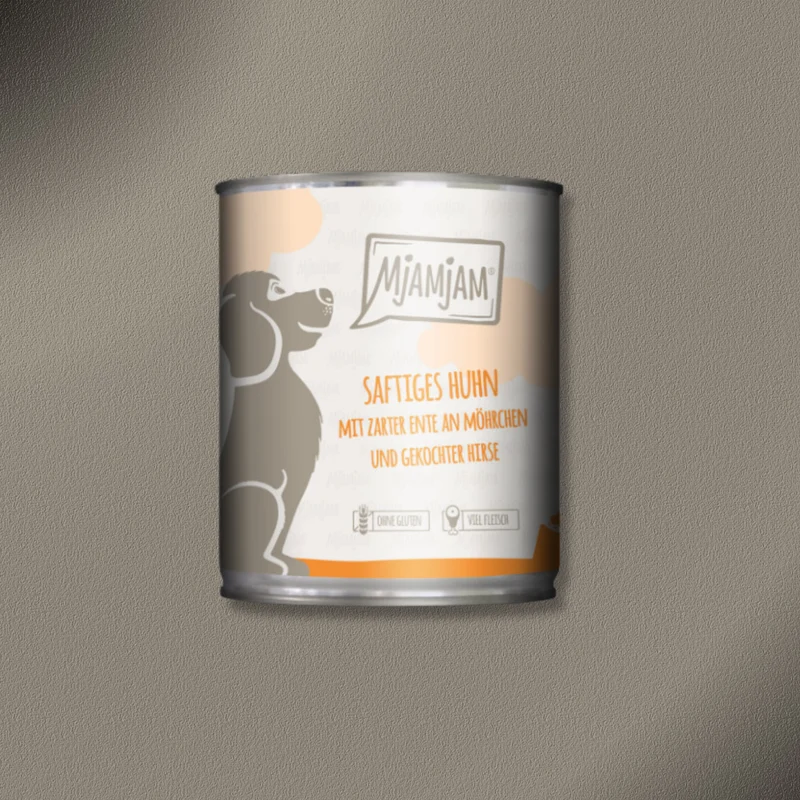 6x800g MjAMjAM Dog - Leckere Mahlzeiten - Saftiges Huhn mit zarter Ente an Möhrchen und gekochter Hirse