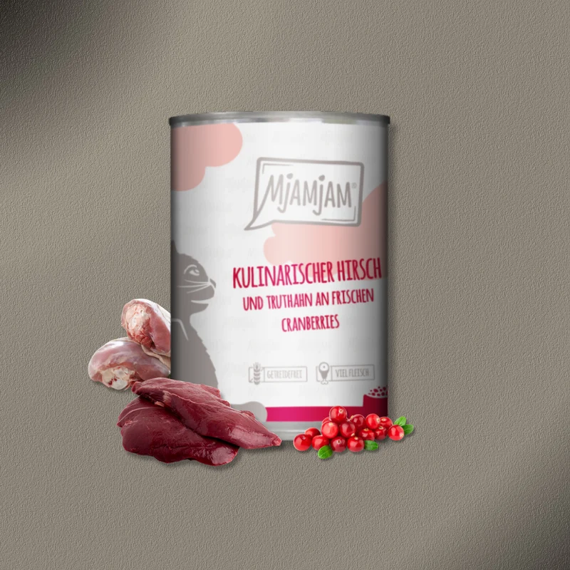 24x400g MjAMjAM Cat kulinarischer Hirsch und Truthahn an frischen Cranberries