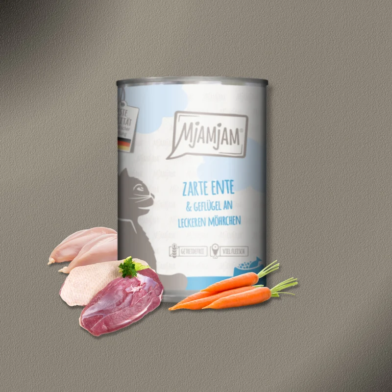 24x400g MjAMjAM Cat zarte Ente & Geflügel an leckeren Möhrchen