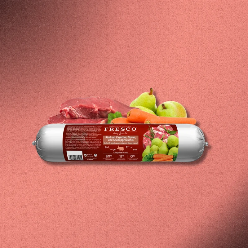 5x400g Fresco BarfWurst Rind mit Karotten, Birnen und Grünlippmuschel