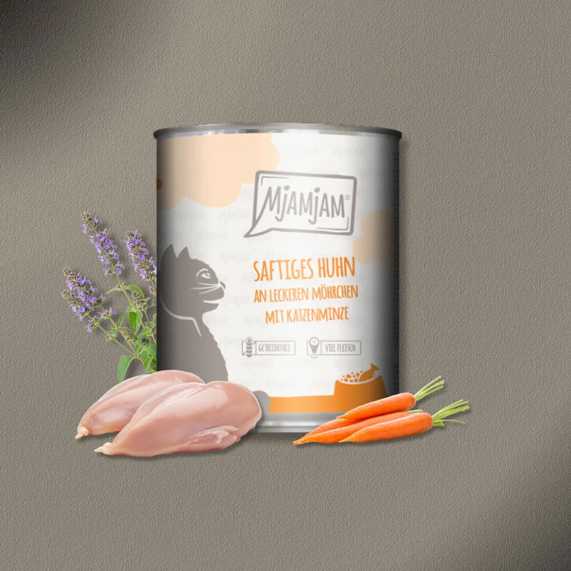 6x800g MjAMjAM Cat - saftiges Huhn an leckeren Möhrchen mit Katzenminze