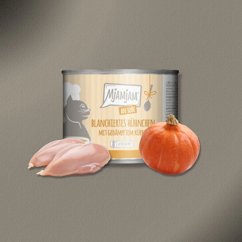 6x185g MjAMjAM Cat - blanchiertes Hühnchen mit gedämpftem Kürbis an Soße