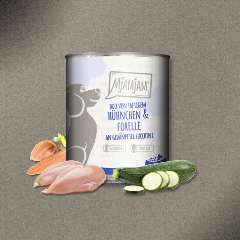6x800g MjAMjAM Dog - Leckere Mahlzeiten - DUO saftigem Huhn & Forelle an gedämpfter Zucchini