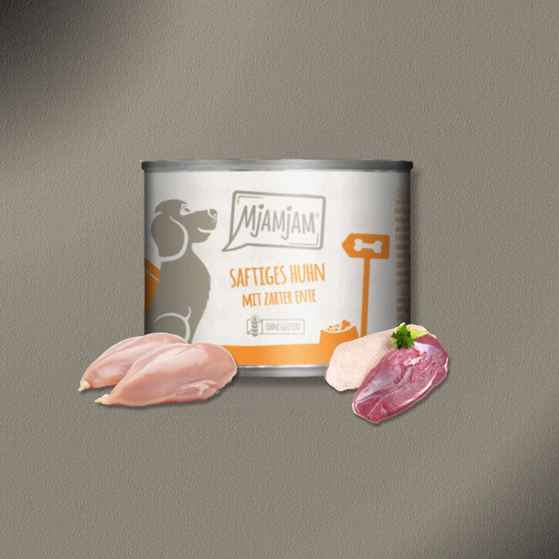 6x200g MjamJam Dog Leckere Mahlzeiten - saftiges Huhn mit zarter Ente an Möhrchen und gekochter Hirse