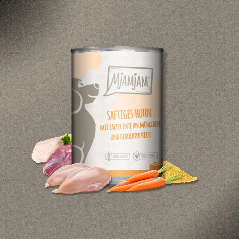 24x400g MjAMjAM Dog - saftiges Huhn mit zarter Ente an Möhrchen und gekochter Hirse