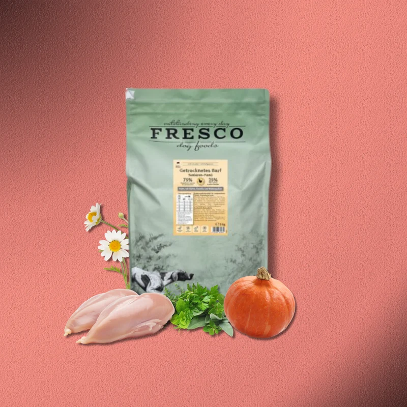 5kg Fresco TrockenBarf Senioren-Menü Huhn mit Kürbis, Kamille, Blütenpollen und Gesundheitskräutern