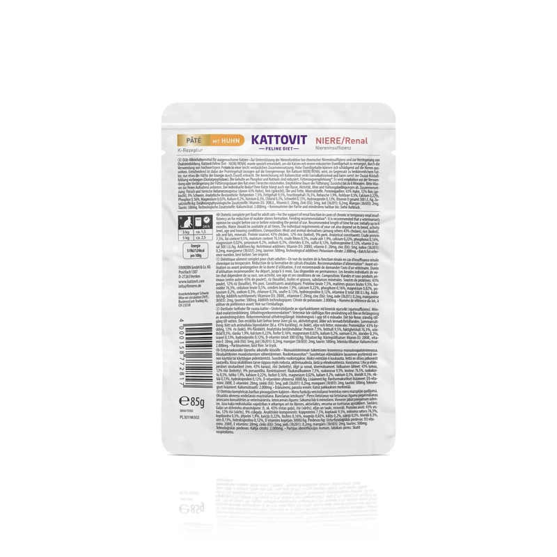 Kattovit Feline Diet Pate Niere/Renal mit Huhn
