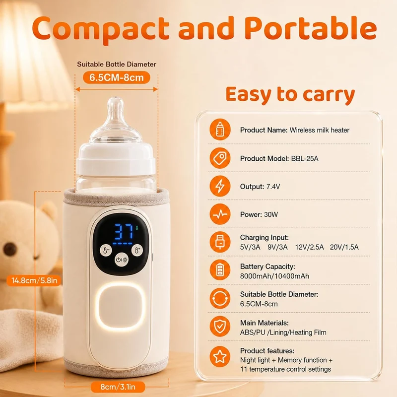 Flaschenwärmer Baby 8000mAh Akku 11 Stufen 35-55°C USB-C tragbar