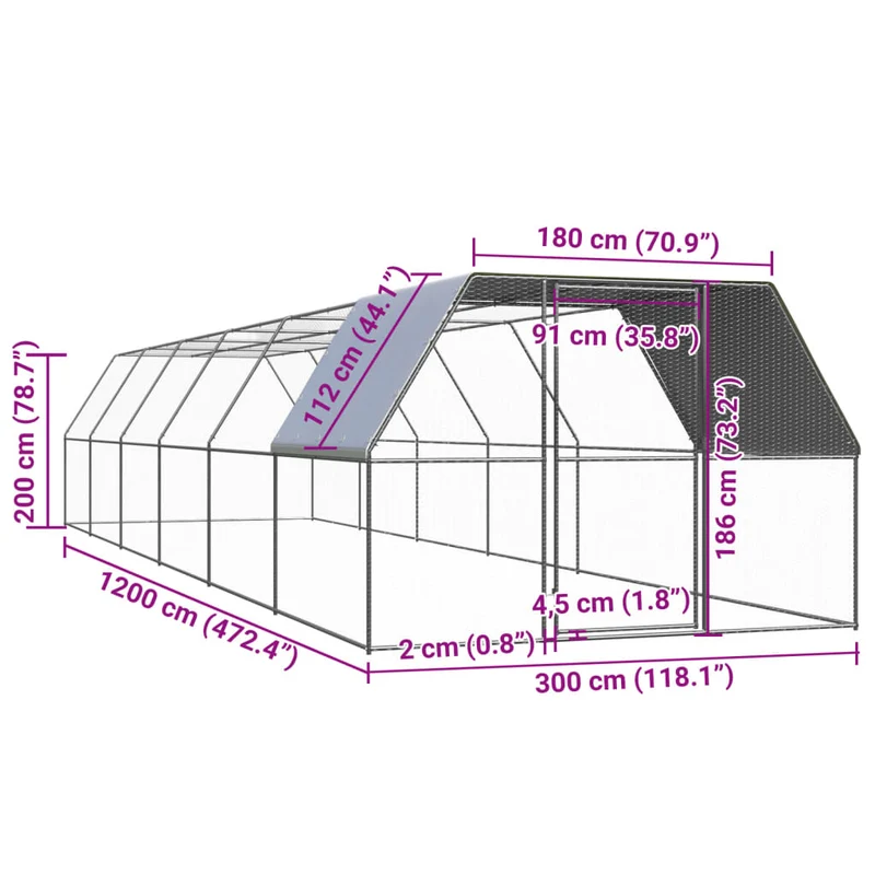 Hühnerkäfig Hühnerstall Stahl 3 x 12 x 2 m Auslauf Freigehege Tierkäfig Geflügelstall