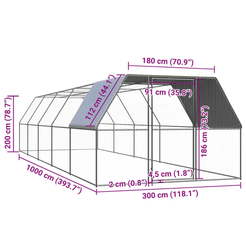 Hühnerkäfig Hühnerstall Stahl 3 x 10 x 2 m Auslauf Freigehege Tierkäfig Geflügelstall