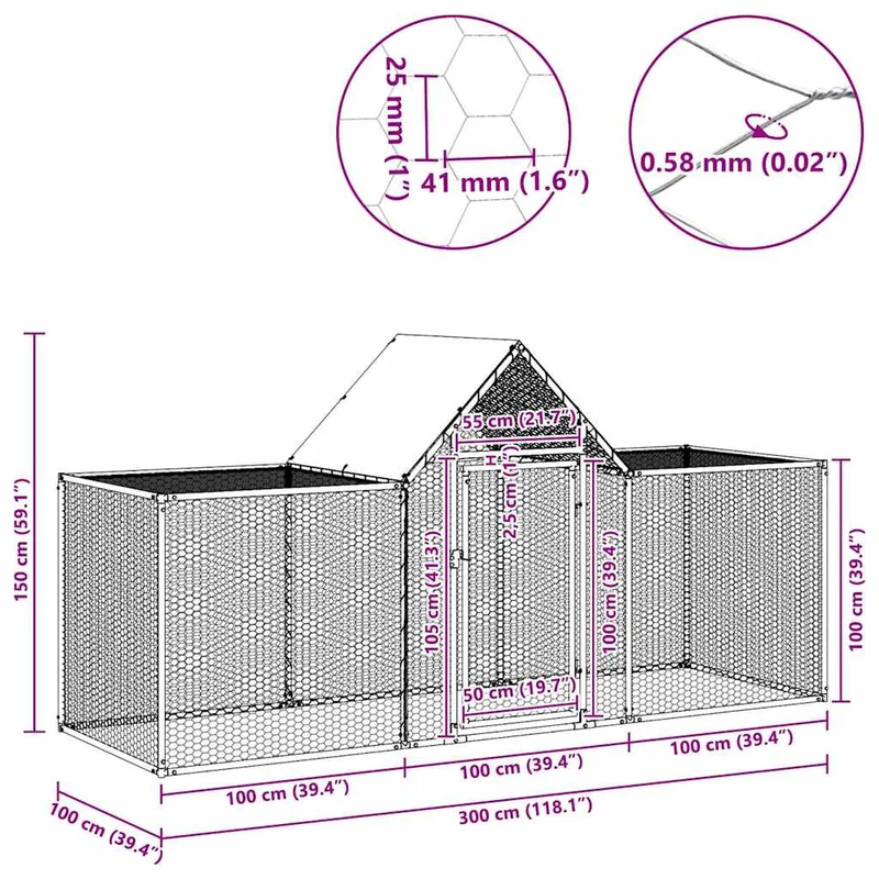 Hühnerkäfig Hühnerstall Stahl 3 x 1 x 1,5 m Auslauf Freigehege Tierkäfig Geflügelstall