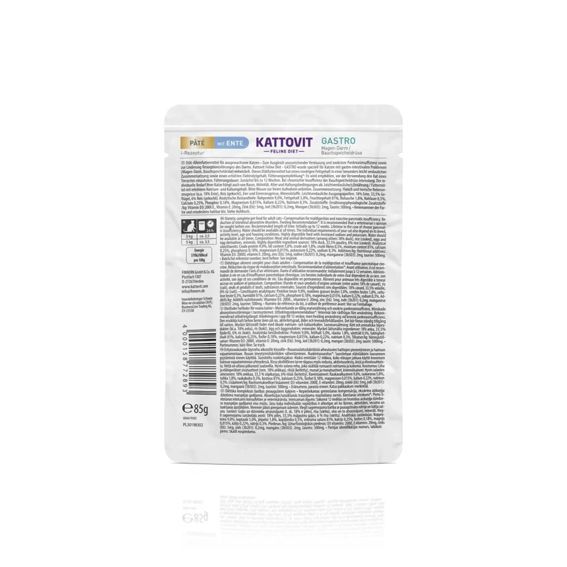 Kattovit Feline Diet Pate Gastro mit Ente