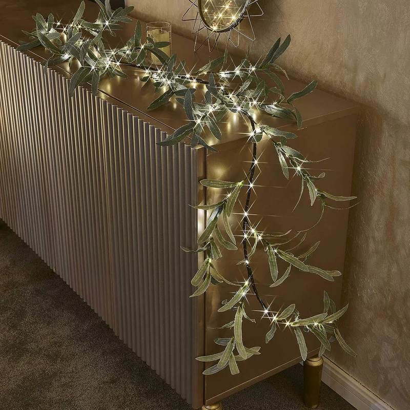 Hairui Beleuchtete künstliche Olivengirlande, 1,8 m, 96 LEDs, batteriebetrieben, künstliche Rankenli