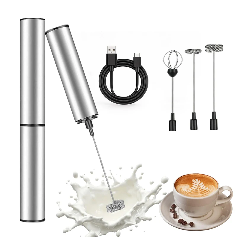 Elektrischer Milchaufschäumer USB,Milchschäumer Stab aus Edelstahl mit Doppelquirl & 3 Aufsätzen,Ele