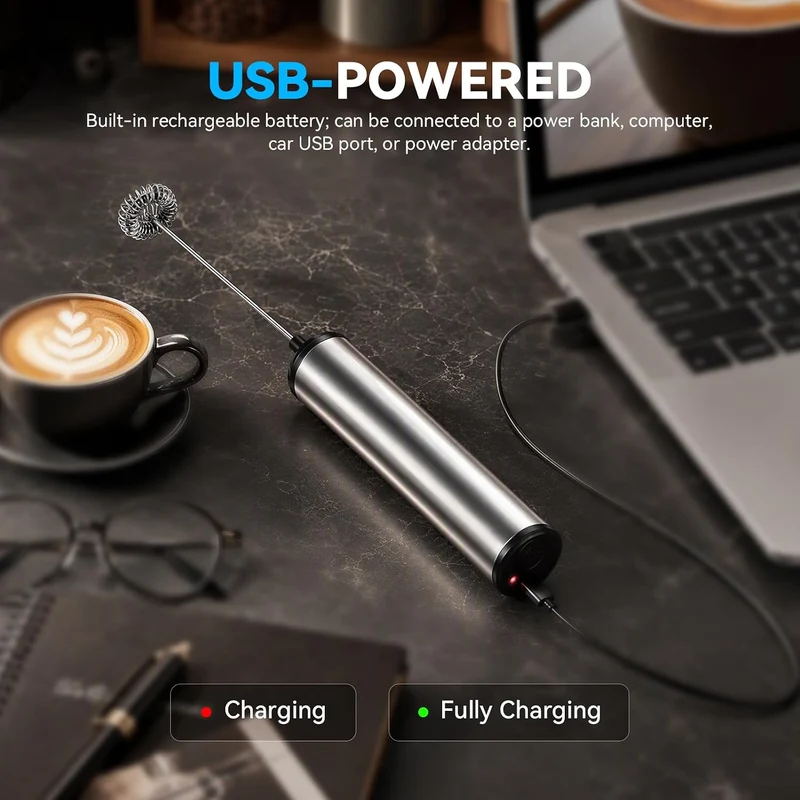 Elektrischer Milchaufschäumer USB,Milchschäumer Stab aus Edelstahl mit Doppelquirl & 3 Aufsätzen,Ele