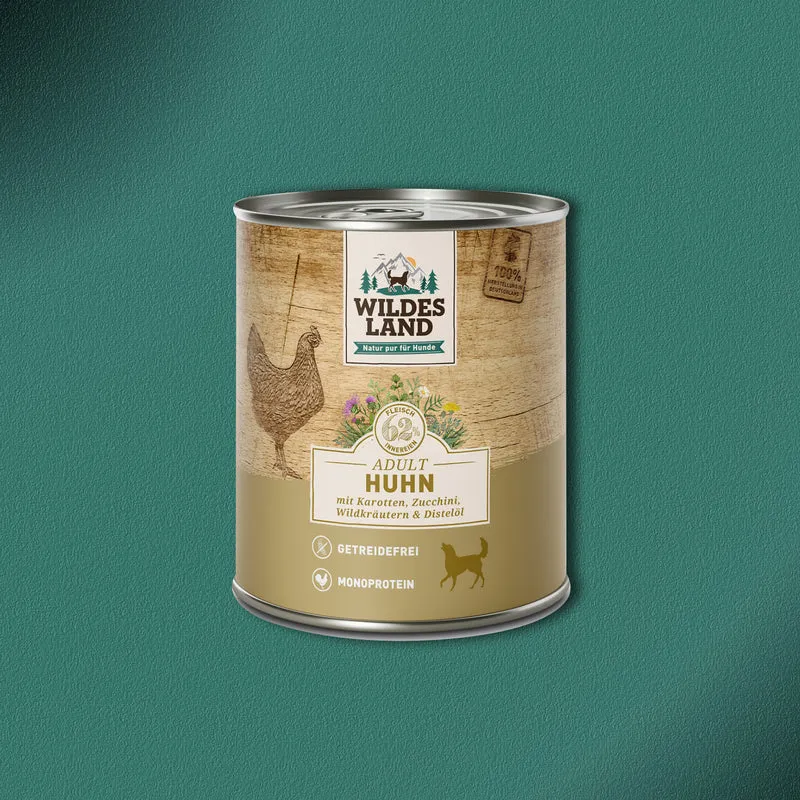 30x800g Wildes Land Huhn mit Karotten, Zucchini, Wildkräutern und Distelöl