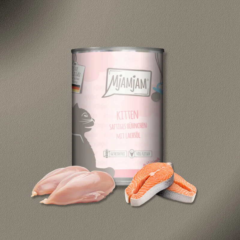 36x400g MjAMjAM Cat - Kitten saftiges Hühnchen mit Lachsöl