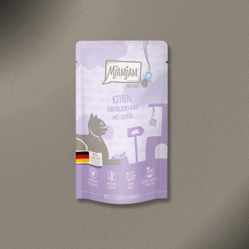 36x125g MjAMjAM - Quetschie Kitten vorzügliches Kalb mit Lachsöl