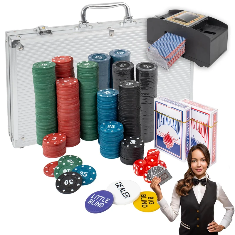 H&F Heimtextilien Pokerkoffer Set 500 Chips mit Kartenmischer – Komplettes Poker Spielset mit Karten