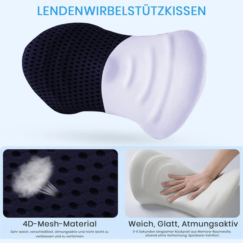 Lumbalkissen Rücken,Lendenwirbelstützkissen Bürostuhl/Autositz Marineblau 46*15*22 cm, Marineblau 46