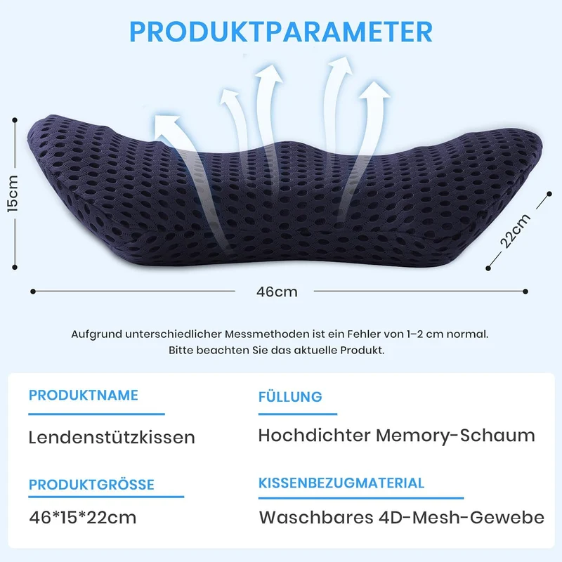 Lumbalkissen Rücken,Lendenwirbelstützkissen Bürostuhl/Autositz Marineblau 46*15*22 cm, Marineblau 46