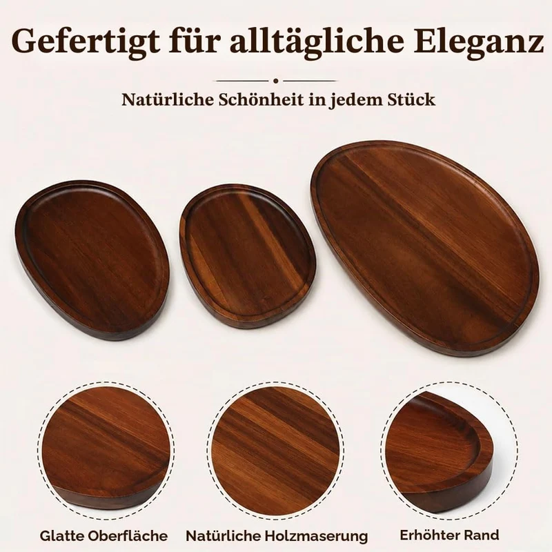 Tablett Akazienholz Oval 3 Stück Serviertablett Deko Holztablett