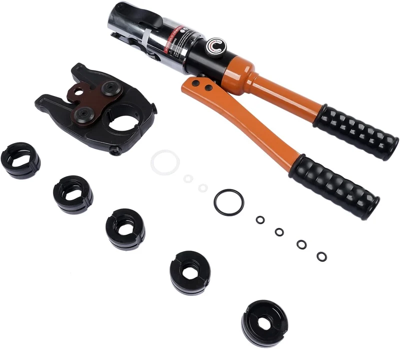 Profi Presszange V-Kontur (hydraulisch) 12-15-18-22-28 Set Presswerkzeug mit 360° drehbarem Kopf für
