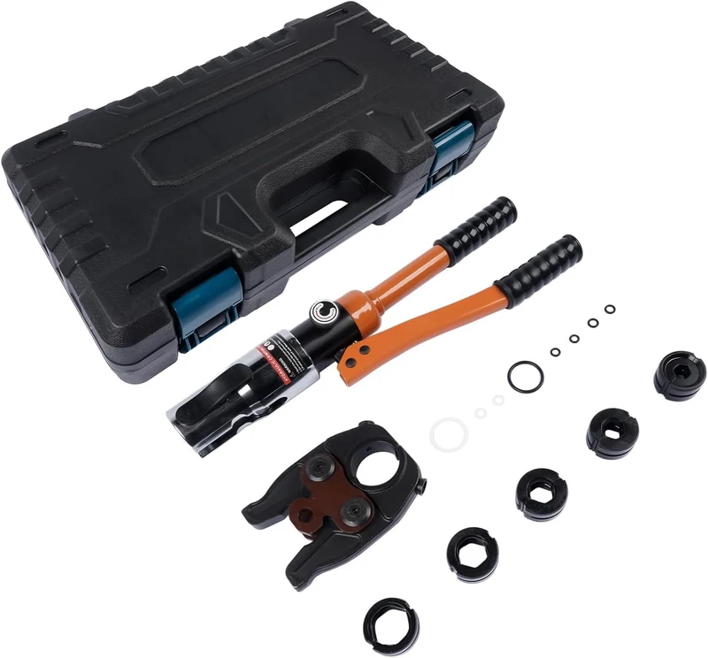 Profi Presszange V-Kontur (hydraulisch) 12-15-18-22-28 Set Presswerkzeug mit 360° drehbarem Kopf für