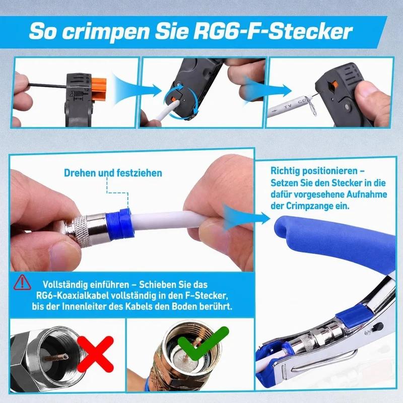 Koaxialkabel-Crimper-Set für RG59 RG6, 3-in-1-Koaxialwerkzeug-Set, inklusive Abisolierzange und 20 S