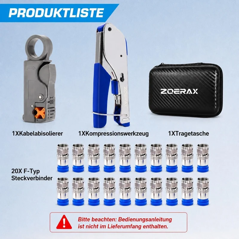 Koaxialkabel-Crimper-Set für RG59 RG6, 3-in-1-Koaxialwerkzeug-Set, inklusive Abisolierzange und 20 S