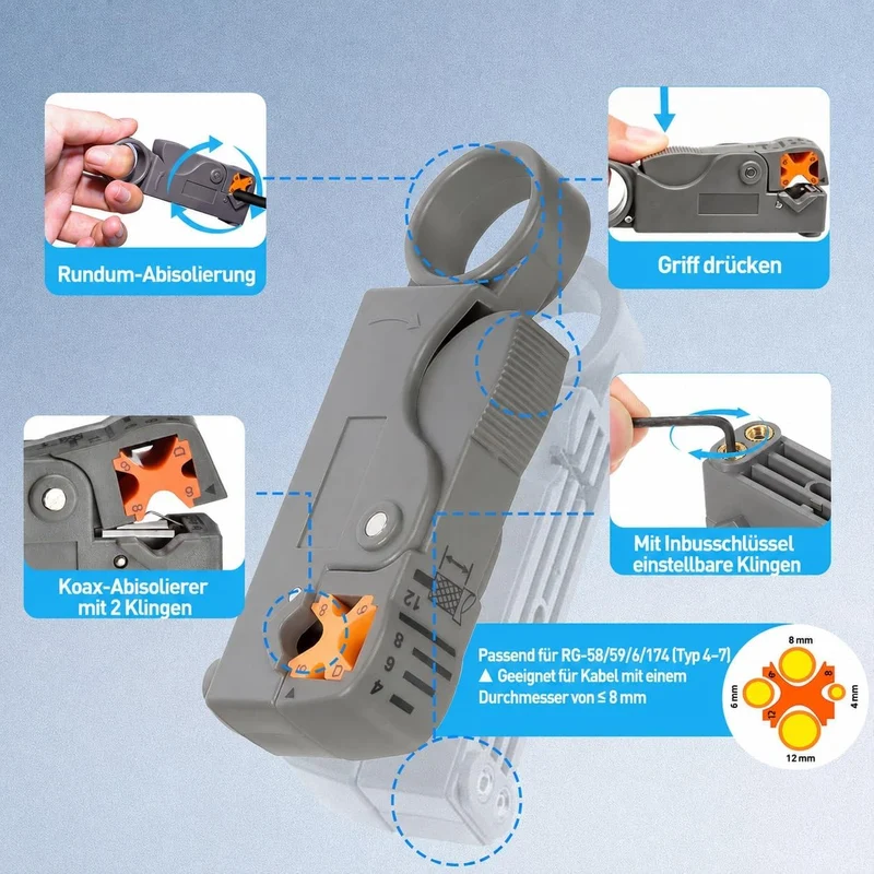 Koaxialkabel-Crimper-Set für RG59 RG6, 3-in-1-Koaxialwerkzeug-Set, inklusive Abisolierzange und 20 S