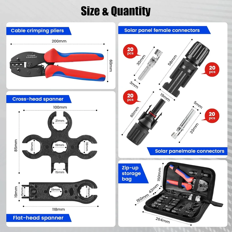 Solar Crimpzangen Set für 2,5/4/6 mm² PV-Kabel, inkl. 20 Paar Solarstecker (männlich/weiblich), 1× C