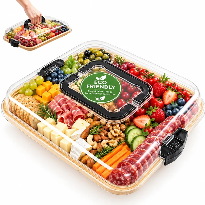 Servierplatte mit Deckel aus Bambus, Charcuterie Board mit 6 Fächern und Tragegriff, Käseplatte aus