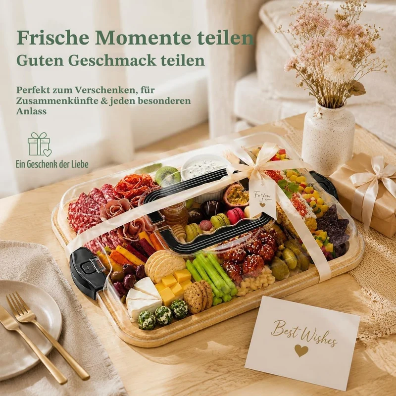 Servierplatte mit Deckel aus Bambus, Charcuterie Board mit 6 Fächern und Tragegriff, Käseplatte aus