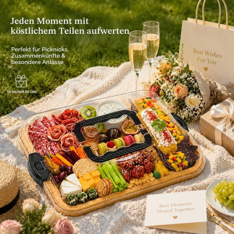 Servierplatte mit Deckel aus Bambus, Charcuterie Board mit 6 Fächern und Tragegriff, Käseplatte aus