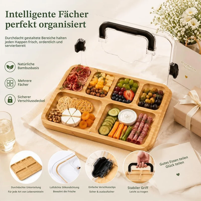 Servierplatte mit Deckel aus Bambus, Charcuterie Board mit 6 Fächern und Tragegriff, Käseplatte aus