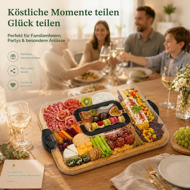 Servierplatte mit Deckel aus Bambus, Charcuterie Board mit 6 Fächern und Tragegriff, Käseplatte aus