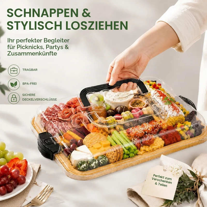 Servierplatte mit Deckel aus Bambus, Charcuterie Board mit 6 Fächern und Tragegriff, Käseplatte aus
