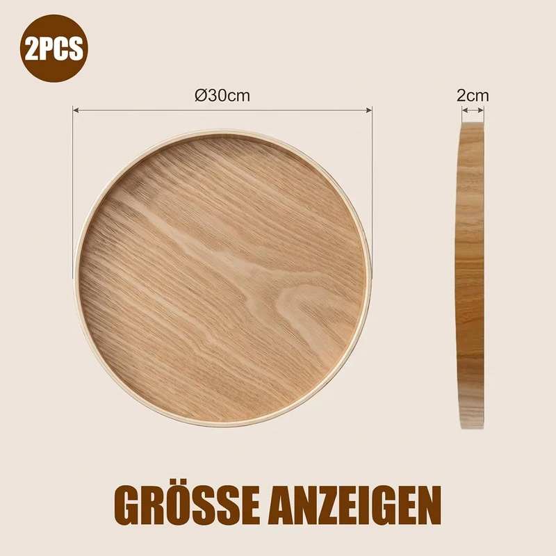 2 Stück Holztablett Rund 30 cm, Serviertablett Deko Tablett aus Massivholz, Rundes Dekotablett Holz