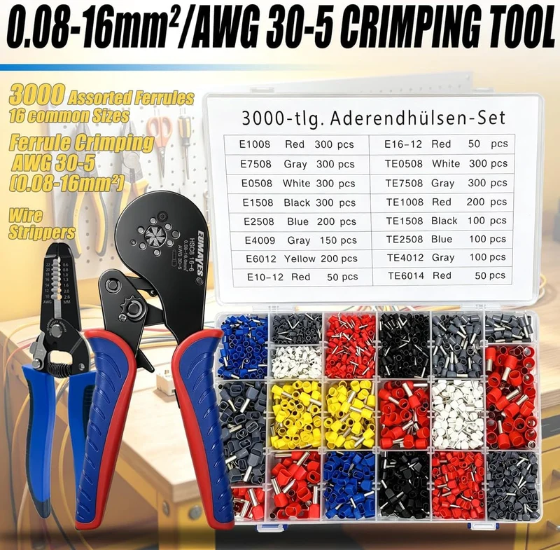 3000 Aderendhülsen Set mit Crimpzange 0,08–16mm² & Abisolierzange