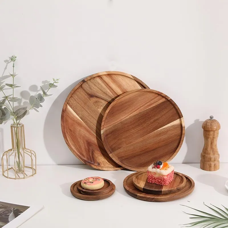 Tablett Rund aus Akazienholz, Serviertablett Holz, Charcuterie Brett, Dekorative Tablett für Couchti