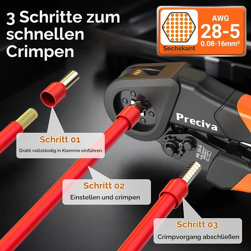 Preciva Sechskant Crimpzange, 0,08-16mm² Aderendhülsen, kompatibel mit 1450 Einrohrklemmen＆ Kabelken