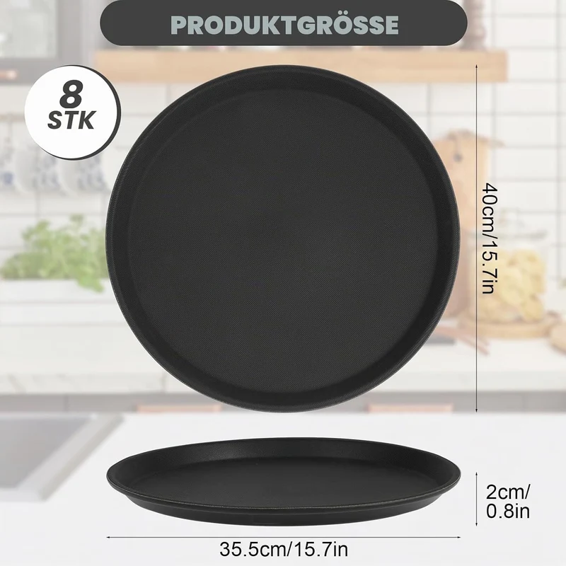 Schwarzes Rundtablett -40 cm Serviertablett 8er Set Bartablett rutschfestes Serviertablett für Speis