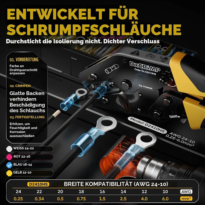 DxCRIMP Crimpzange Set für Schrumpfverbinder - 20 Typen 0,25-6,0mm² Stossverbindern, Lötverbinder &