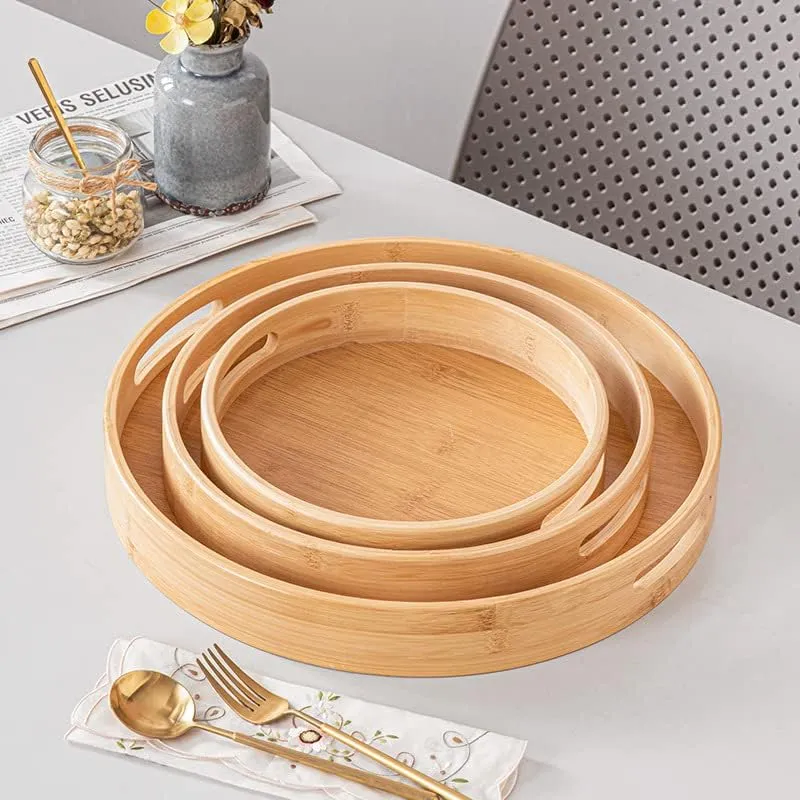 Bambus-Serviertablett, Rundes Tablett Holz mit Griffen und erhöhter Rand, Servierplatte für Lebensmi